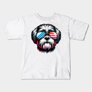 Shih Tzu Patriotic Sunglasses American Flag 4th of July Kids T-Shirt